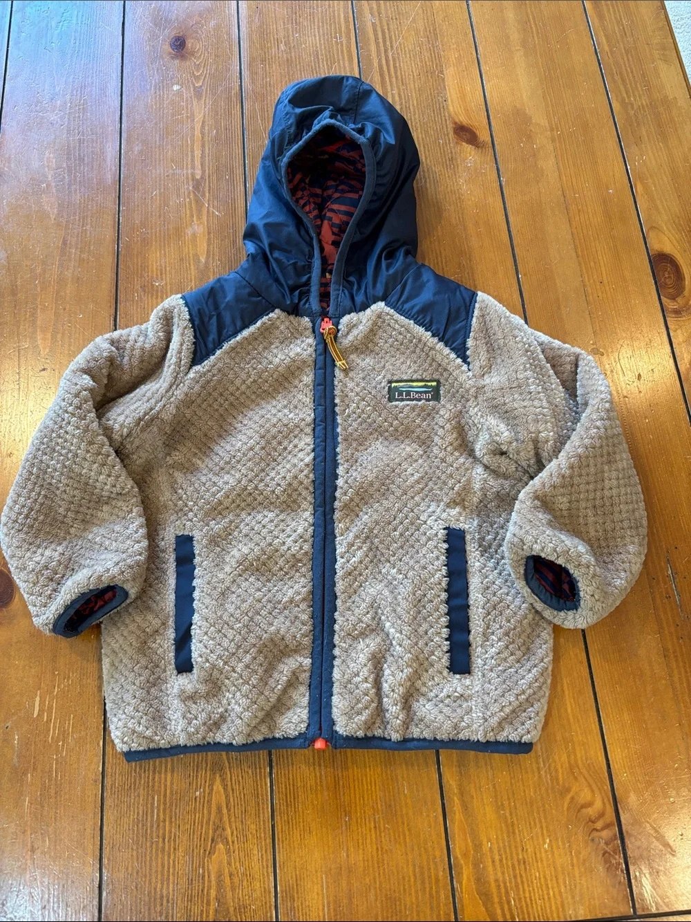 L.L. Bean Reversible Tan Sherpa Jacket /Navy Hood & Trim Boys Size Boys 12-18 M